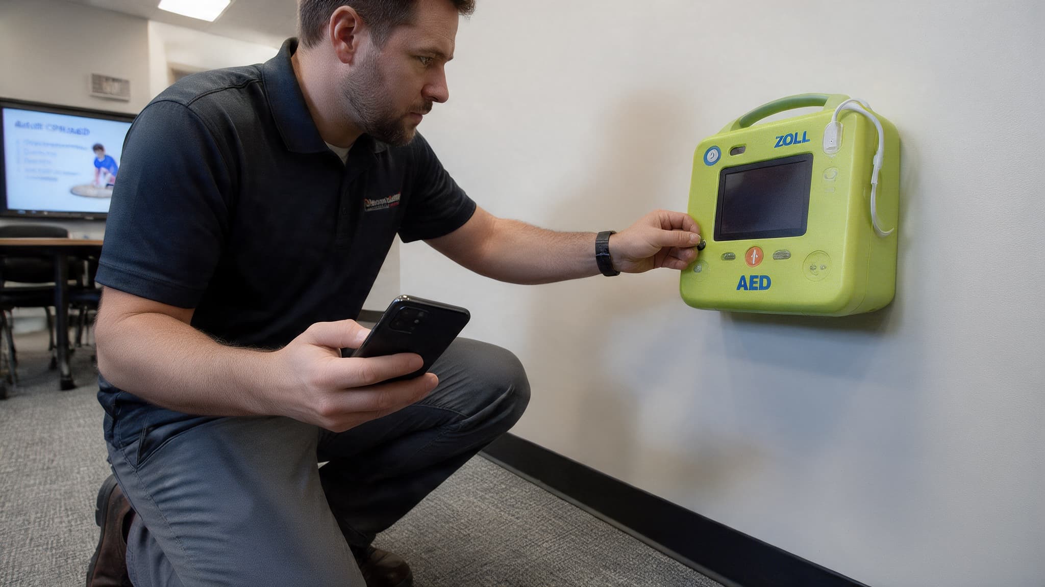 A technician checks a wall-mounted AED while logging it on his phone