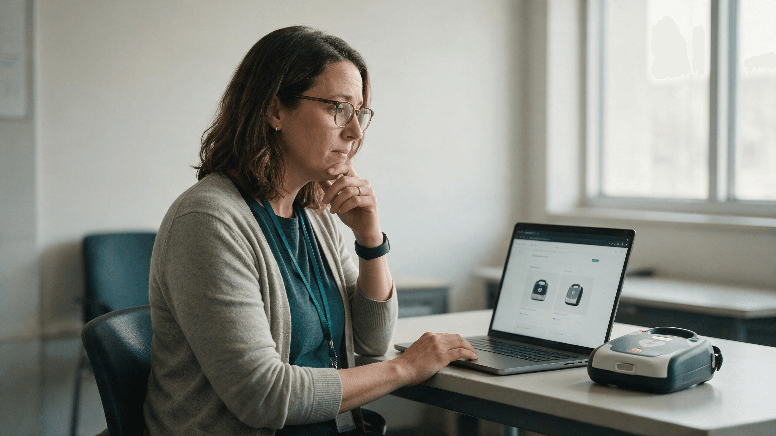 A woman comparing AED programs on her laptop