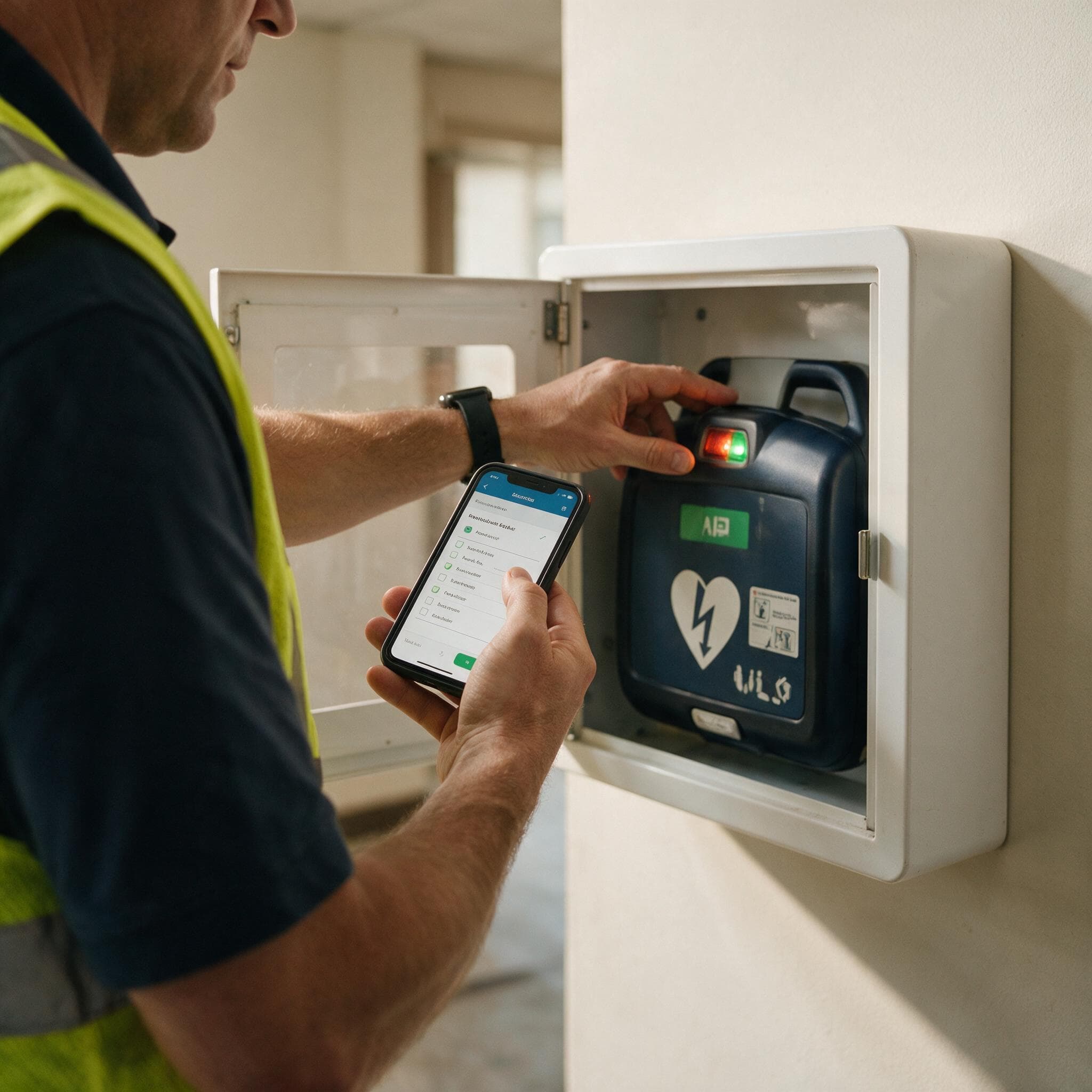 A technician inspecting an AED cabinet with the AEDtrac app